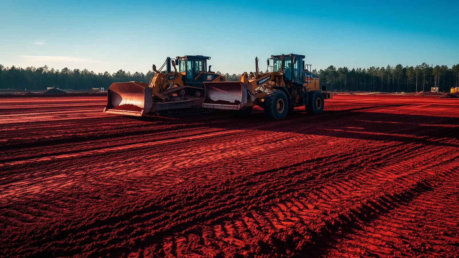 Peterbilt dump truck and Deere excavator loading dirt at sunset on a wet jobsite