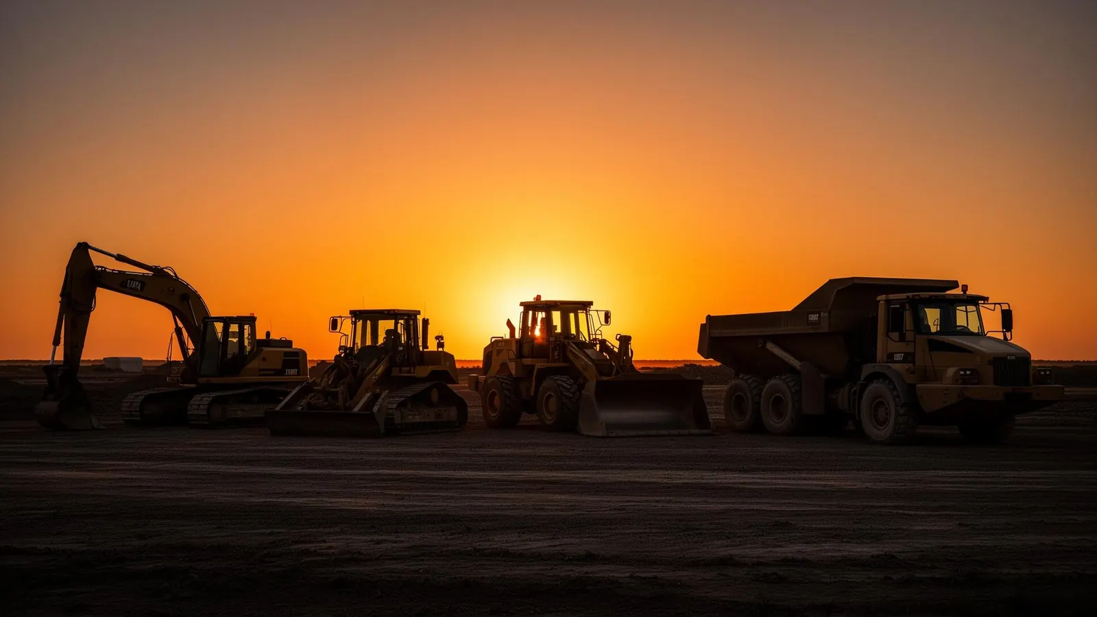 Heavy construction equipment lined up at dusk